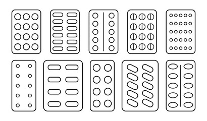 Set of different outline pills and blister pack isolated on white background. Medical vector template illustration of packing of tablets, antibiotics, vitamins