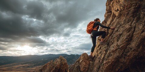 The climber scaling a rocky mountain peak under dramatic skies