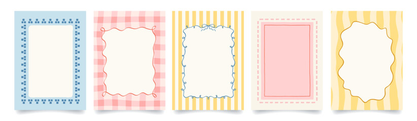Vintage hand drawn frames with wavy lines, bows, checkered and striped backgrounds. Italian summer vibe. Colorful minimalist borders, postage stamp. Vector template for poster, invitation, card. © Anna Bova