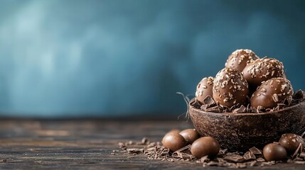 Fototapeta premium This captivating image showcases a bowl filled with decorative chocolate eggs, perfect for celebrating festive occasions, combining elegance and indulgence.