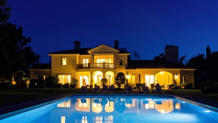 Luxury mansion exterior night pool view