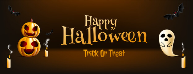 Halloween Background featuring pumpkins, bats, ghost, and candles; ideal for seasonal promotions, social media posts, and festive design projects.