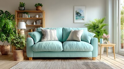 Fototapeta premium Minimalist Living Room Interior: Light Blue Sofa, Wooden Floor Mock-up, White Wall, Green Plant, Lamp, Table, Copy Space - Ultra Detailed Sharpness