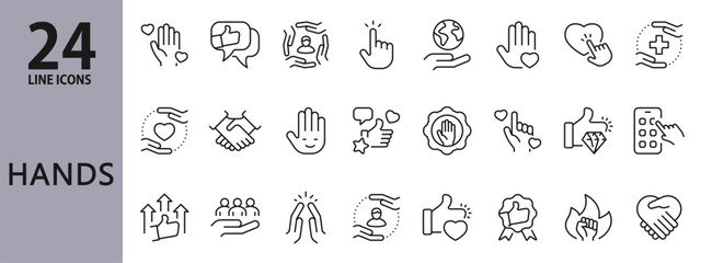 Hands line icons set with Friendship, Support, Prayer, Respect, Helping, Trust and more. Editable Stroke