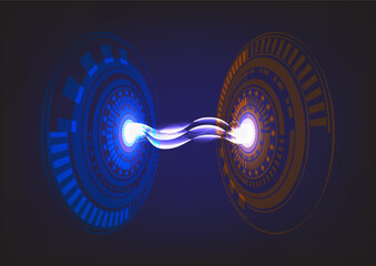 Futuristic illustration of quantum entanglement or data transfer between two energy cores in blue and orange tones, symbolizing advanced technology.