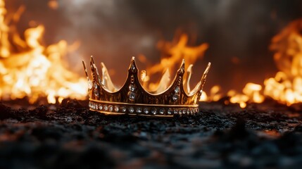 A striking image of a golden crown nestled amid the flames, symbolizing power and royalty amid chaos, evoking feelings of ambition and the consequences of desire.
