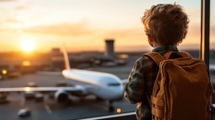 Fototapeta premium A young child with a backpack observes an airplane against a glowing sunset, embodying curiosity, dreams of travel, and the endless possibilities of life ahead.