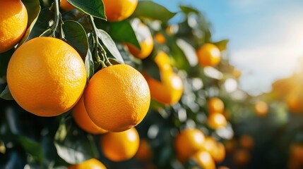 A picturesque scene of ripe oranges hanging from trees under a vibrant blue sky, celebrating the richness of nature and the joy of harvest, inviting a sense of freshness and abundance.