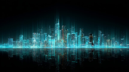 Digital technology city metaverse neon blue green background, abstract cyber communication, innovation future cyberpunk metropolis tech, internet network connection, Ai big data, town illustration 3d