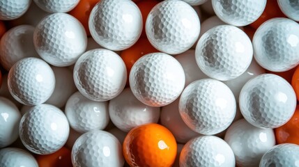 A visually captivating collection of white golf balls with a single orange ball, representing uniqueness amidst uniformity and highlighting themes of individuality and competition.