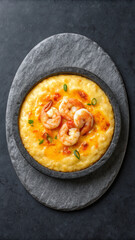 Delicious shrimp and grits served in a stone bowl on a dark textured surface