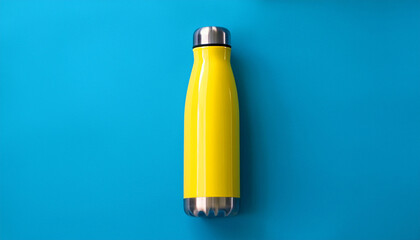 bright yellow reusable stainless steel thermos bottle on light blue background minimal item