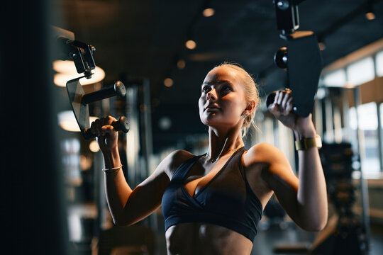 Fit focused young Woman Exercising on Gym Equipment Focused on Strength Training and Wellness