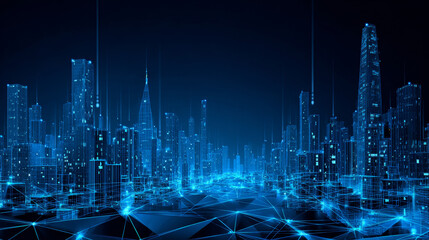 Wireframe landscape with Smart city. Technology background blue in low poly style. Data security 3d vector background. Global social network connection.