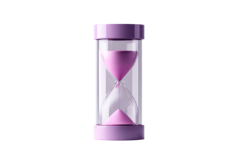 Colorful hourglass timer with purple sand on transparent background