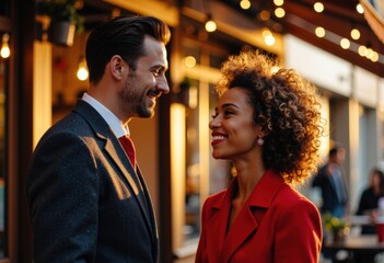 A smiling man and woman enjoy a conversation outdoors during evening hours