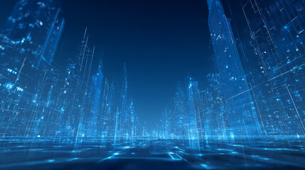Wireframe landscape with Smart city. Technology background blue in low poly style. Data security 3d vector background. Global social network connection.