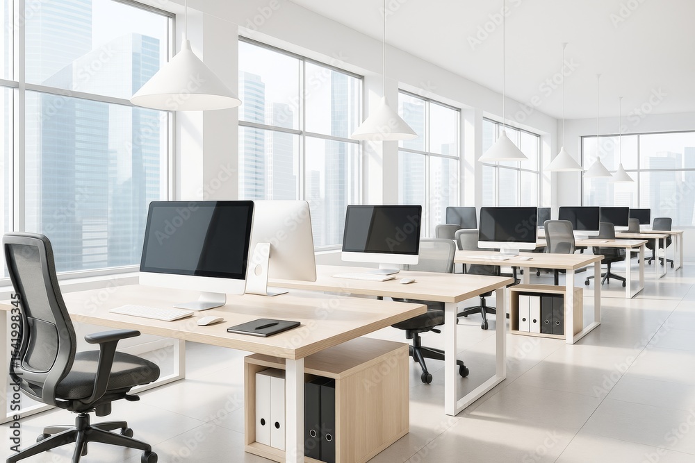 Poster modern open space office with minimalist furniture, large windows, and natural light in a contempora