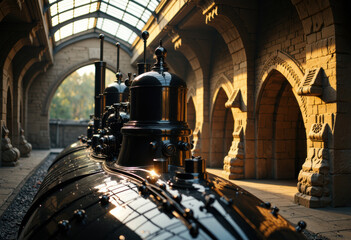 Historic steam locomotive under a stone arch bridge with sunlight reflecting off its surface
