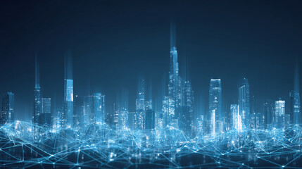 Wireframe landscape with Smart city. Technology background blue in low poly style. Data security 3d vector background. Global social network connection.