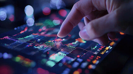 Hand touching digital screen with colorful financial data, stock market chart, technology, innovation, futuristic concept