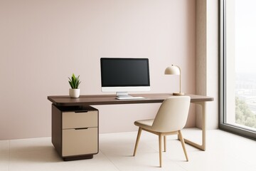 Minimalist modern office interior with computer desk, chair, lamp, and plant by large window in bright contemporary room with soft lighting..