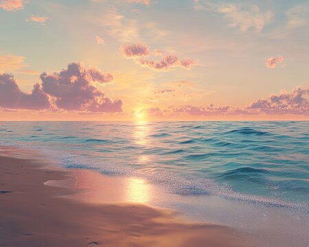 A serene beach at sunrise, with the first light of the day gently illuminating the sky and water. The soft pastel colors of the sky reflect on the calm ocean,