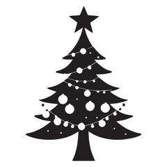 Simple black silhouette christmas tree with star and ornaments