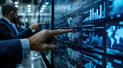 Businessman hand pointing at digital touchscreen with data analysis, financial chart, and futuristic interface