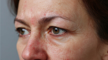 Closeup of middle aged person face showing skin redness, wrinkles, and texture with visible pores and slight irritation around nose and forehead area