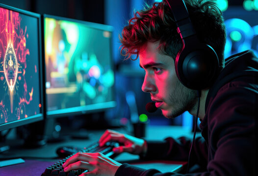 Young male gamer with headphones focused on playing video games on dual monitors in a dark, colorful gaming environment