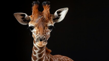Close-up portrait of a young giraffe against a black backdrop.