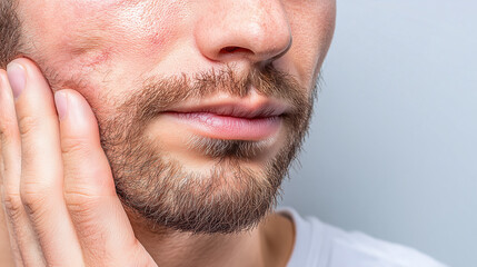 Obraz premium Closeup of man lower face showing beard and hand touching cheek with visible skin texture and slight redness, expressing subtle tension or discomfort