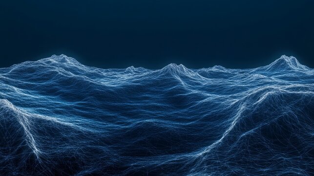 "3D visualization of an ocean landscape with detailed wireframe topographic lines on a dark blue background