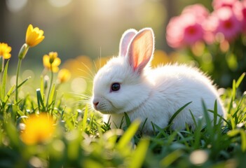 Fototapeta premium Adorable white rabbit sitting among colorful flowers in a sunny garden
