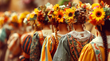 Women Wearing Sunflower Crowns in Traditional Dresses During Festa dos Tabuleiros Portuguese Festival Parade