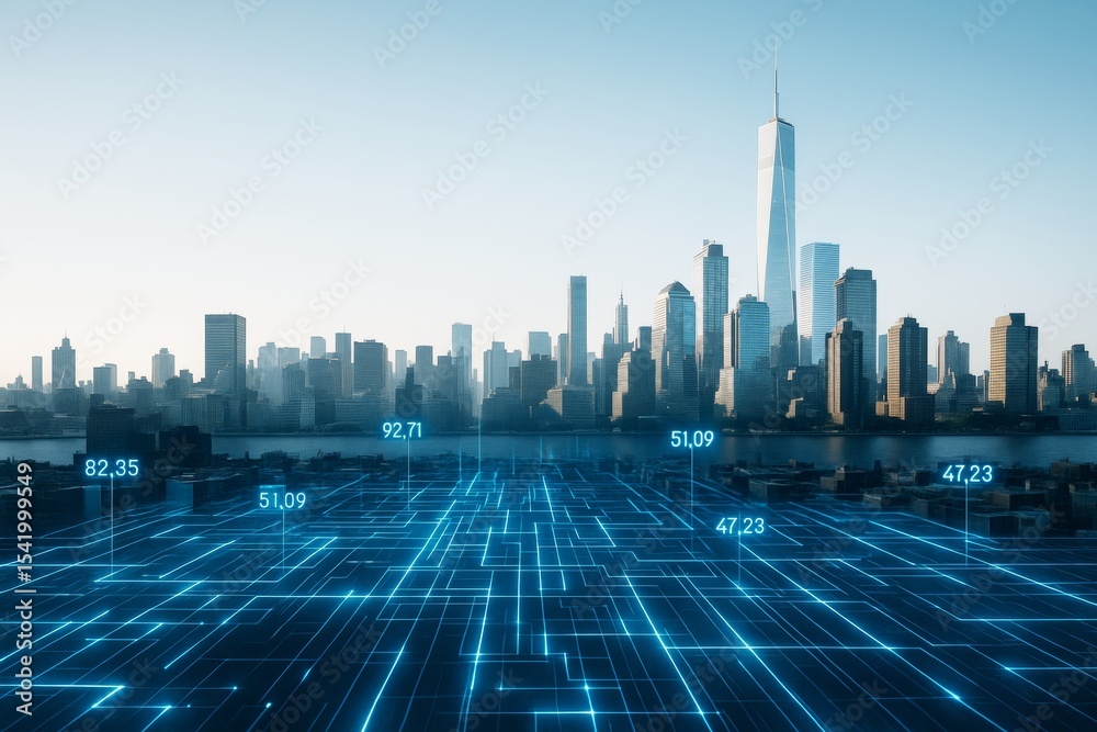 Poster futuristic digital cityscape with glowing data grid overlay in modern skyline during daylight.