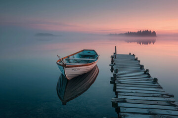 a boat is docked at a pier in the water at sunset or dawn with fog in the air and a few trees in the distance