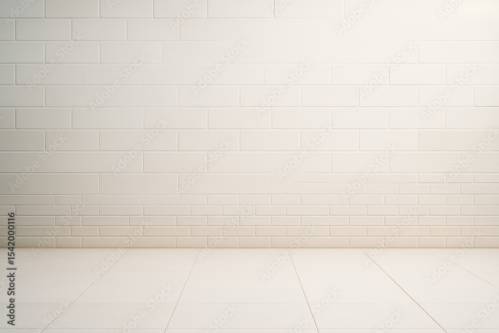 Poster Minimalist empty white brick wall and tiled floor interior background with soft lighting for branding or creative mockup display concepts.