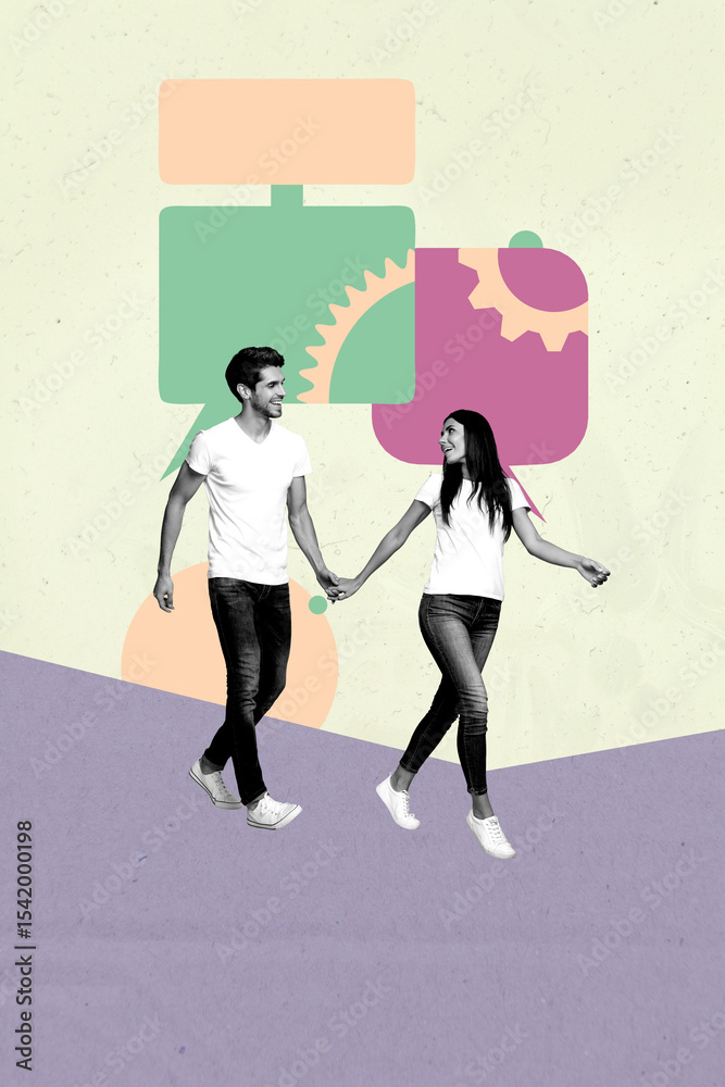 Poster Image vertical photo pop collage of happy girl guy send receive message notification speech chat networking dialogue gearwheel