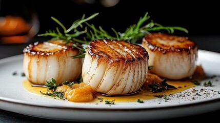Three perfectly seared scallops garnished with herbs sit elegantly on a plate, showcasing culinary artistry and sophistication in modern dining aesthetics.
