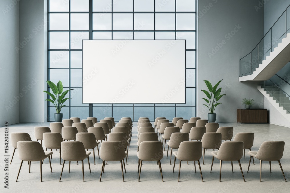 Poster modern empty conference room with blank screen, stylish chairs, and large windows in contemporary ar