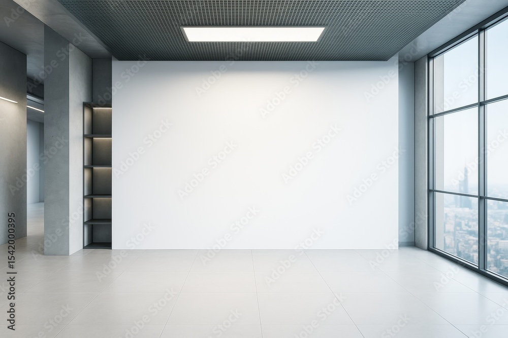 Poster empty modern room with large window, ceiling light, and white wall for branding or design mockup in 