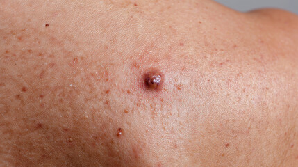 Fototapeta premium Skin with multiple small brown moles and prominent raised mole with irregular shape, showing natural skin texture and slight redness around larger mole