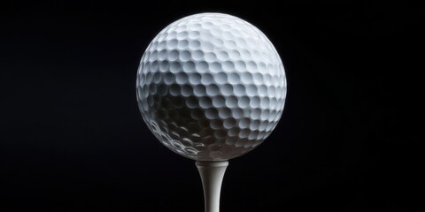The golf ball perfectly balanced on a tee against a black background.