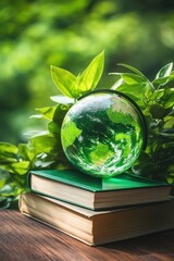 Green Globe Rests on Books Surrounded by Leaves