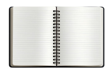 Open notebook showing blank lined pages on a transparent background, ready for writing or drawing