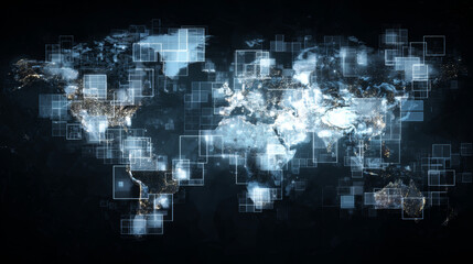 Futuristic Planet Earth. World map of glowing square dots. Modern abstract background. Space composition. Web banner. Global network connection. Vector illustration. EPS 10.