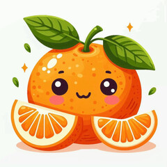 A cute cartoon orange with big eyes a small smile two slices and leaves against a white background