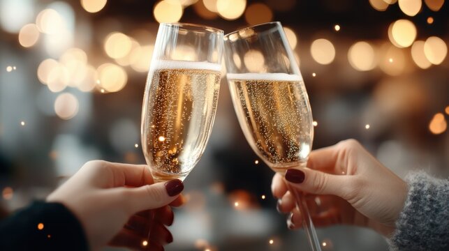 Two elegant glasses clink together in a warm celebration, filled with sparkling champagne, surrounded by a bokeh of lights that creates a festive ambiance for joyful moments.